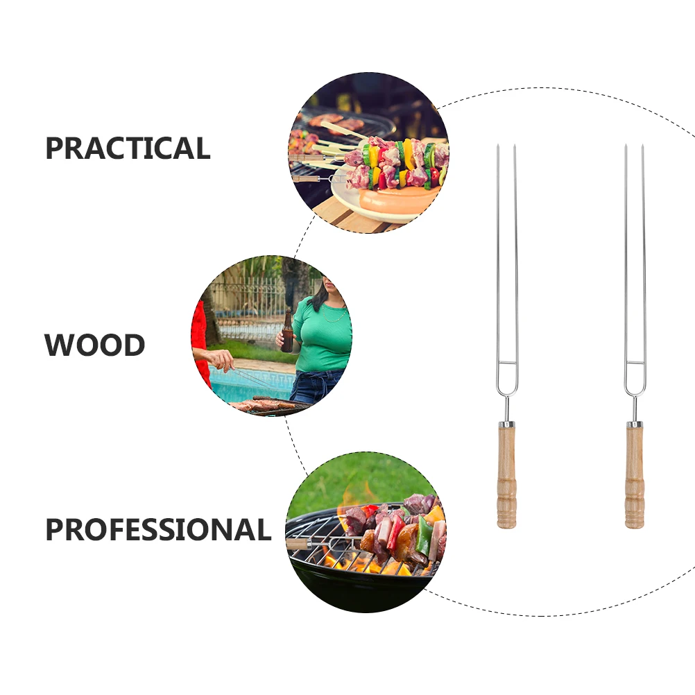 

2pcs Stainless Steel Bbq Skewers Wooden Handles Durable Heat Resistant Camping Grilling Tools Multipurpose Skewer Sticks For