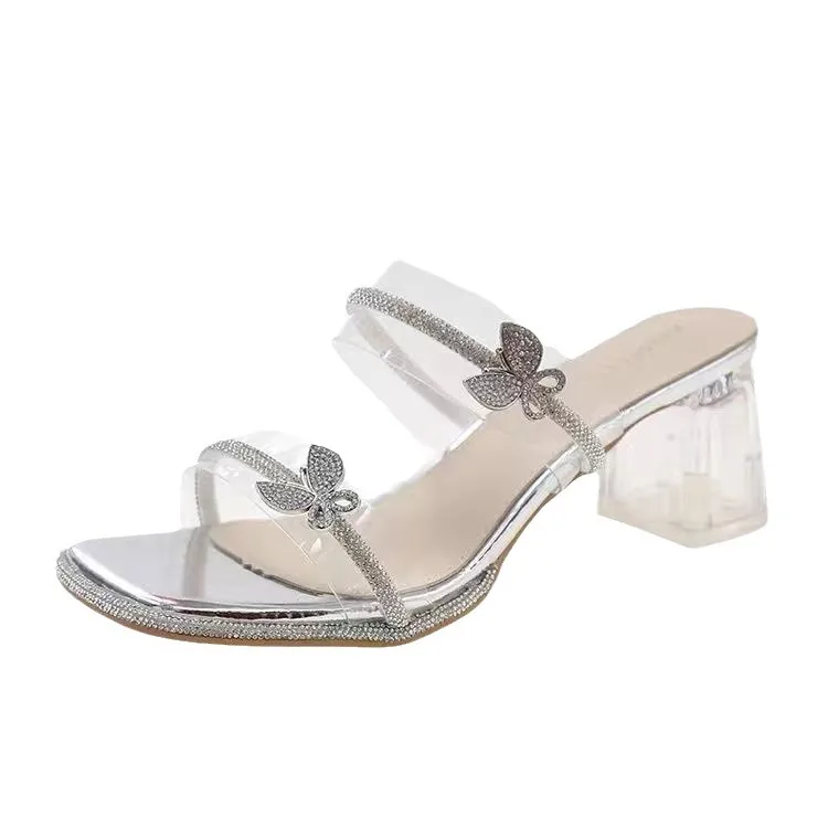 Zapatillas de cristal transparente de hadas, zapatos de tacón francés con diamantes de imitación, falda, novedad de verano, 2024