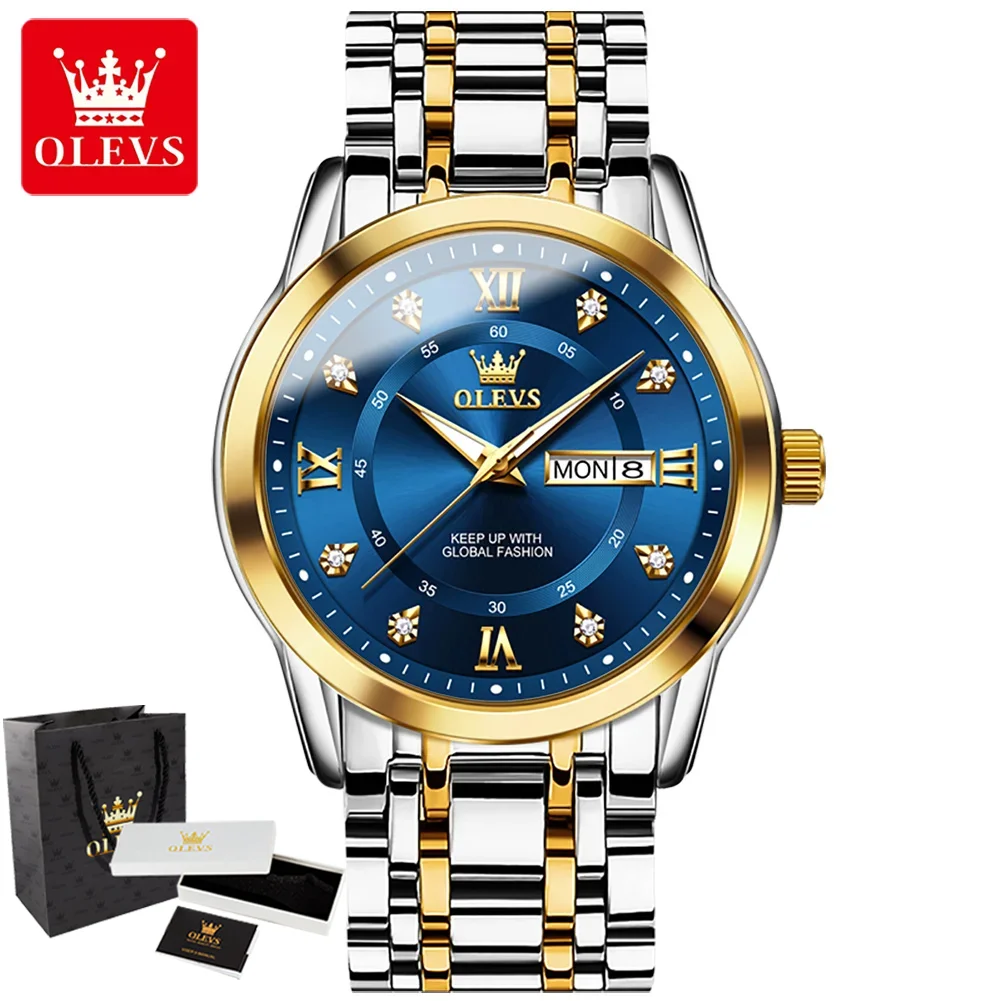 OLEVS 5513 Man Watch Stainless Steel Diamond Roman Scale Dual Calendar Waterproof Luminous Business Wristwatch Gift Box for Men