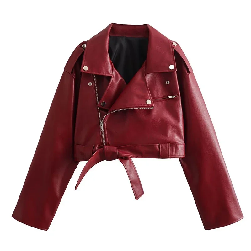 2024 Spring Women Red Lapel Zipper Leather Jacket Coat Autumn Casual Motocycle Biker PU Coat Winter Fashion New y2k Streetwear