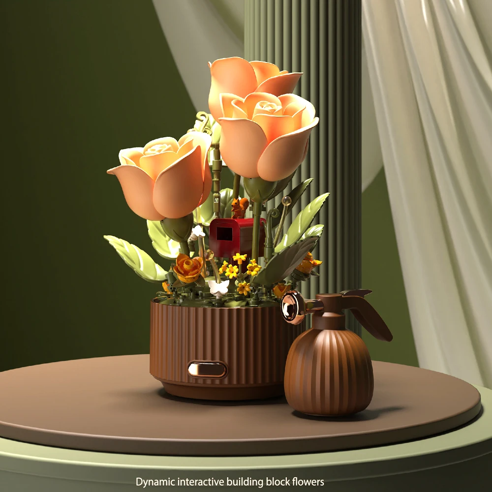 Dynamic Flower Building Block Auto-Blooming Petals Magic Sprayer Rose Bouquet Block Model Decoration Girl Valentine's Day Gift