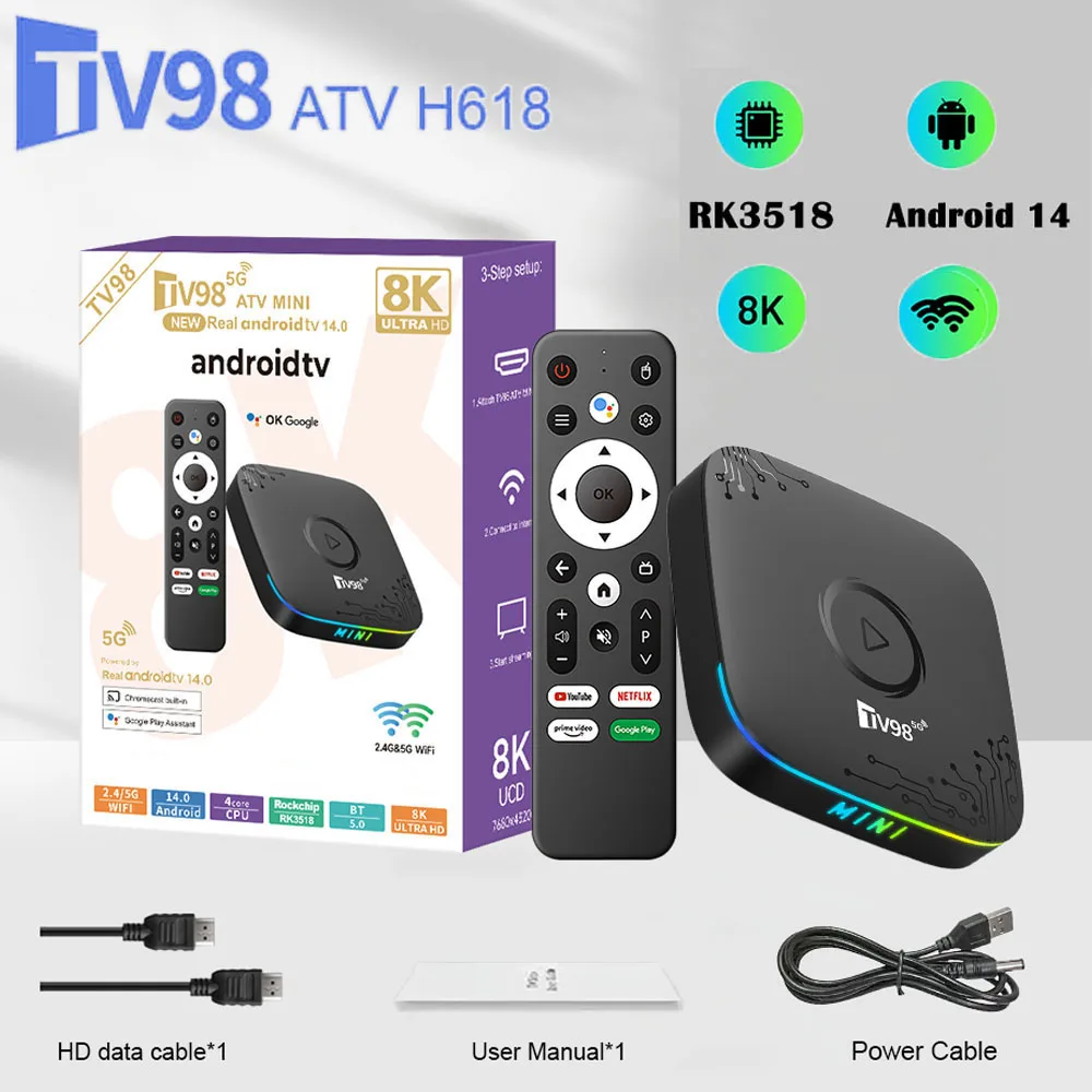 TV98 ATV MINI Smart TV Box Android14 RK3518 1080P HD TV box 2.4/5G WiFi TV Receiver for Google YouTube Netflix Media Player