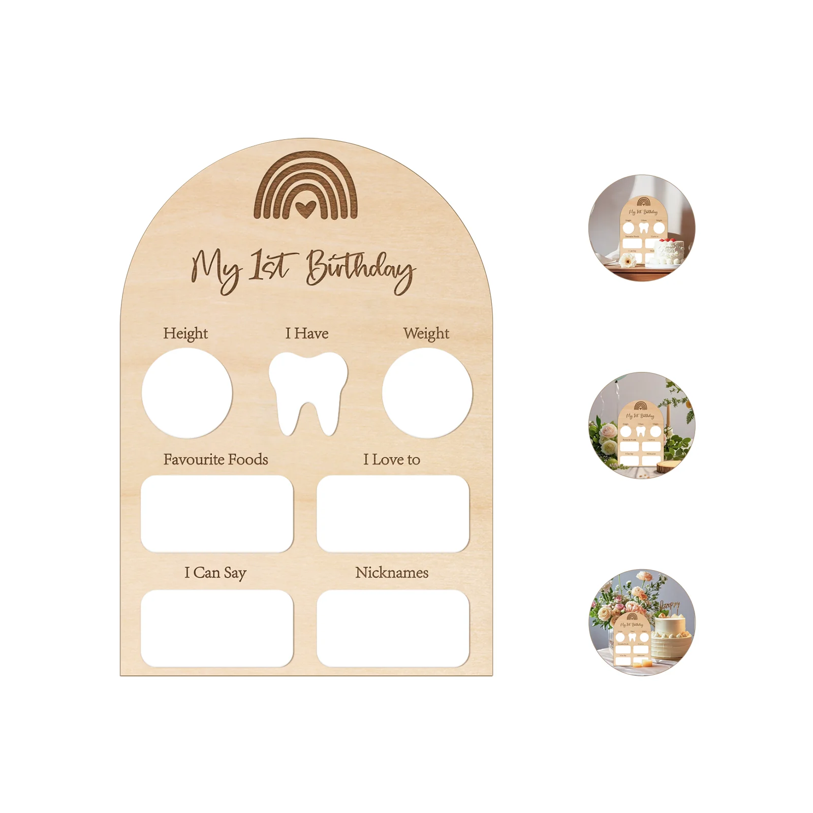 

Boho Rainbow 1st Birthday Wooden Sign - Laser Engraved Milestone Board with White Acrylic, Keepsake Photo Prop Gift (26x18cm)