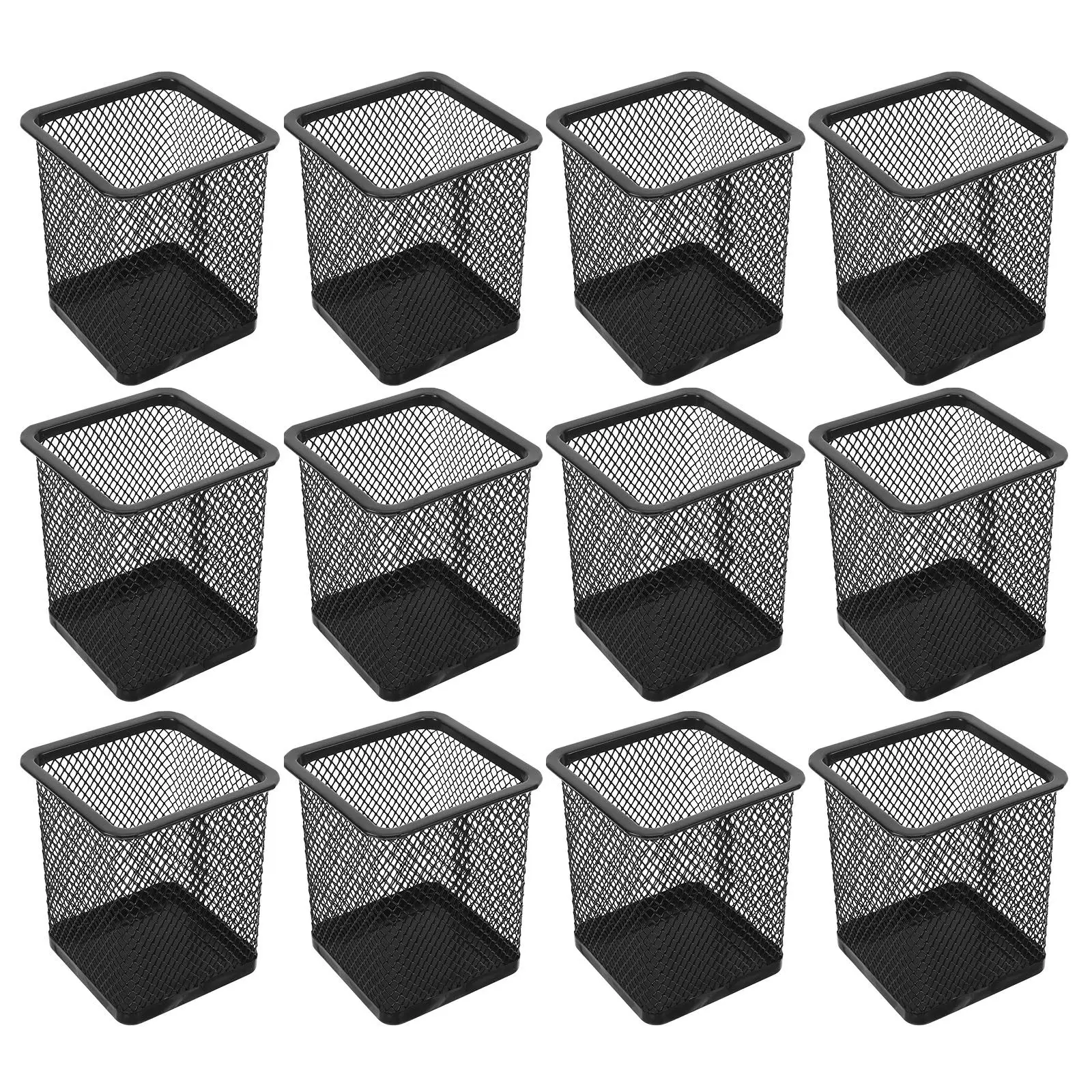 12Pcs Black Iron Bucket Desktop Pen Holder Hollow Mesh Desk Organizer for Stationery Makeup Brushes Pencils Office Home Tabletop