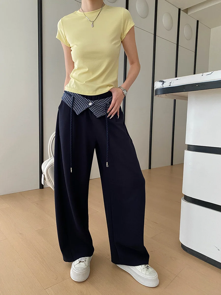 Frühlings- und Sommerhosen für Damen, lässig, einfarbig, abnehmbarer karierter Bund, elastische hohe Taille, schlank machende, weit geschnittene Hose mit geschwungenem Saum. – Detail 7