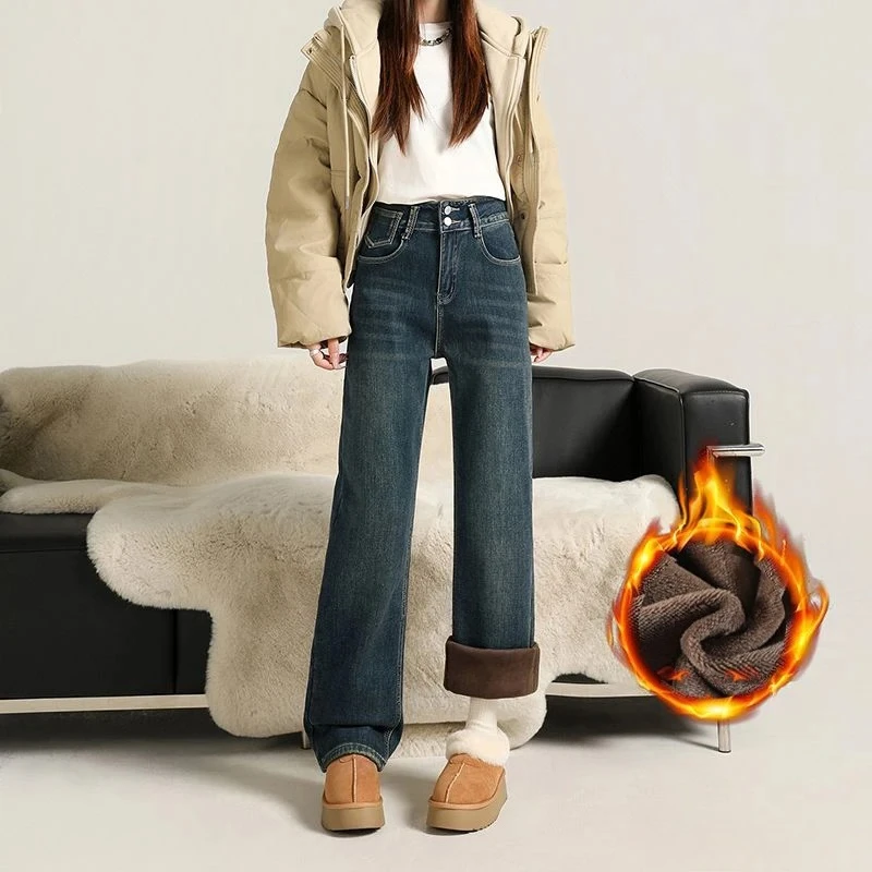

Зимние женские флисовые джинсы 2025 года, теплые брюки с высокой талией, прямые базовые брюки, винтажные эластичные двубортные брюки