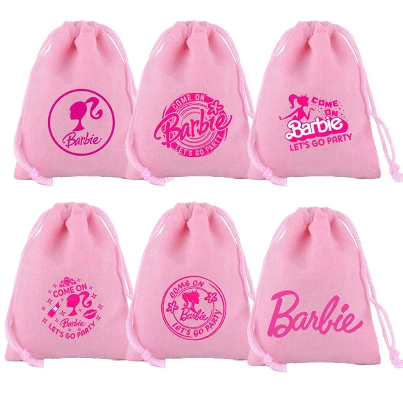 Barbied Drawstring Pocket Pink Plush Soft Storage Bags Gift Pouch Cartoon Anime Movie Kids Fashion Birthday Party Favor Cute Bag