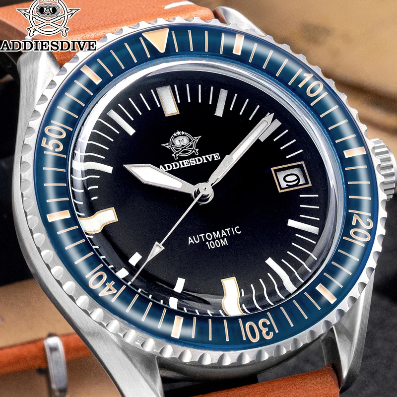 

ADDIESDIVE Automatic Diver Watch Men NH35A Movement 100M Waterproof Sapphire Glass BGW9 Luminous Leather Strap Luxury Wristwatch