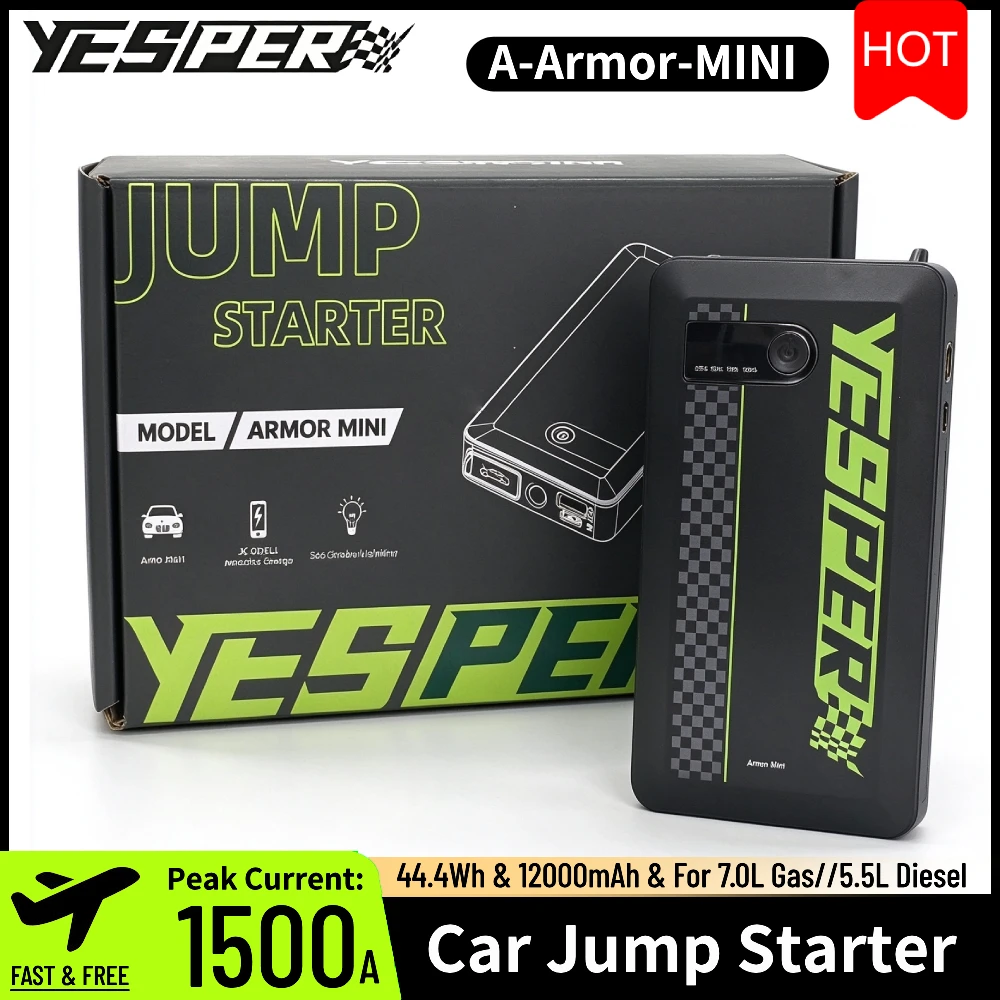 YESPER ARMOR Mini Auto-Starthilfe 1500A Spitzenstrom 12V Auto-Batterie-Booster Powerbank USB-Ladegerät Outdoor Auto-Notfall-Booster-Pack Starthilfe für Motorrad SUV LKW 7L Benzin 5,5L Diesel