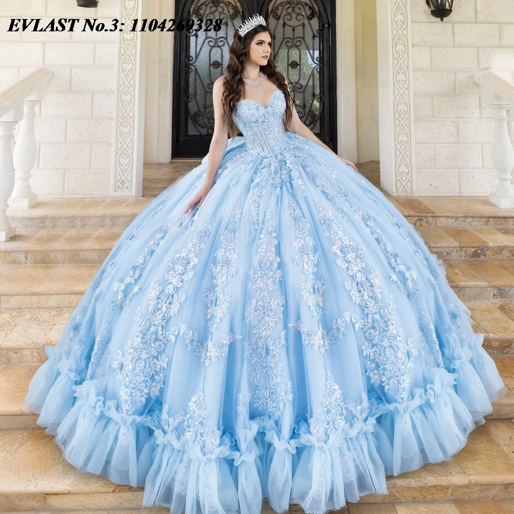 

EVLAST Customized Mexican Sky Blue Quinceanera Dress Ball Gown Lace Applique Beading Ruffles Sweet 16 Vestido De 15 Anos E3Q238