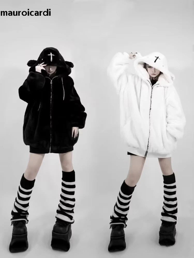 Mauroicardi Winter Cool Oversized Warm Thick Soft Faux Fur Coat Hoodie Women with Bear Ears Punk Style Fluffy Jacket Streetwear