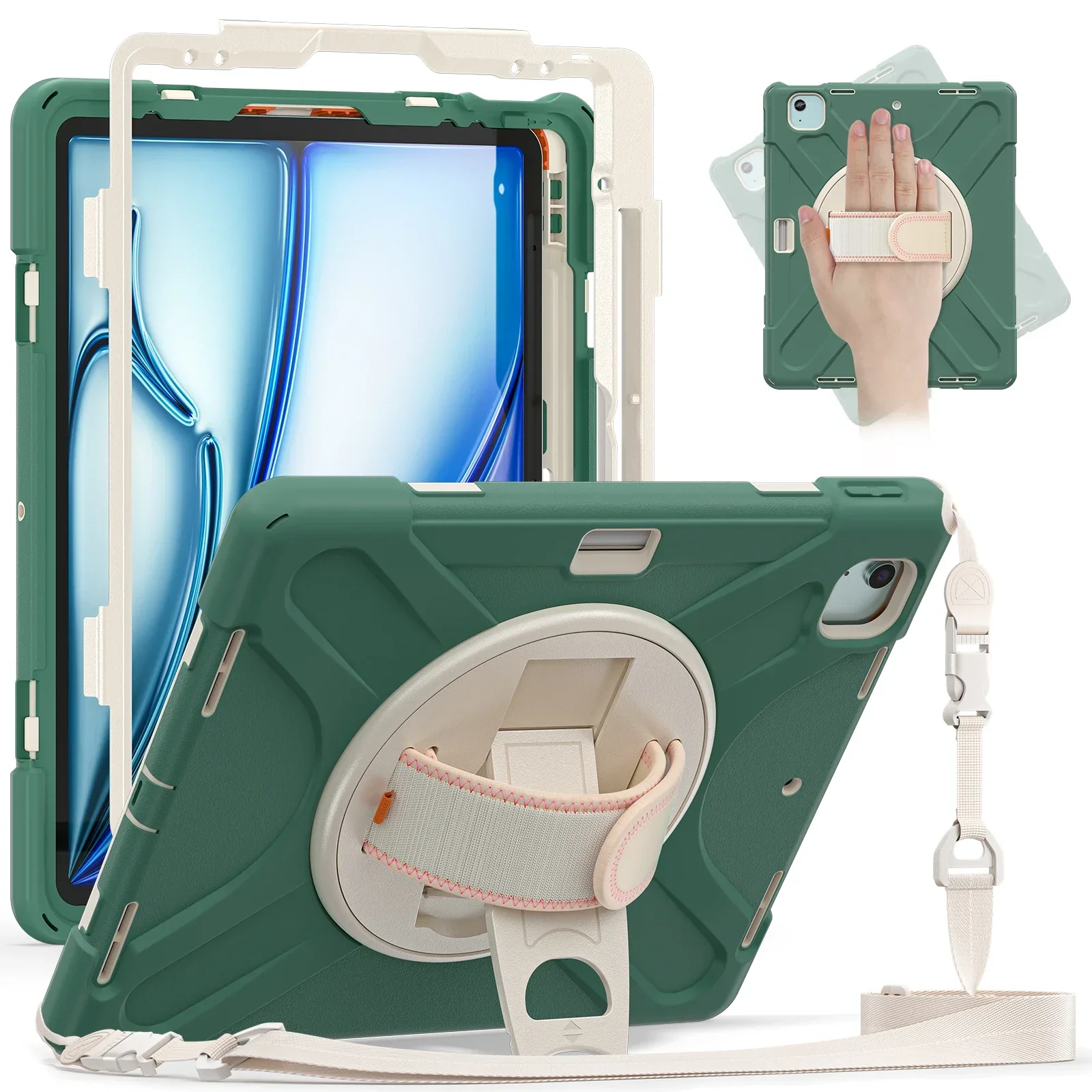 Heavy Duty iPad Case for 2024 iPad Air 13-inch M3 Pro 12.9inch 2022 2021 2020 Shockproof Cover with Shoulder Strap Pencil Holder