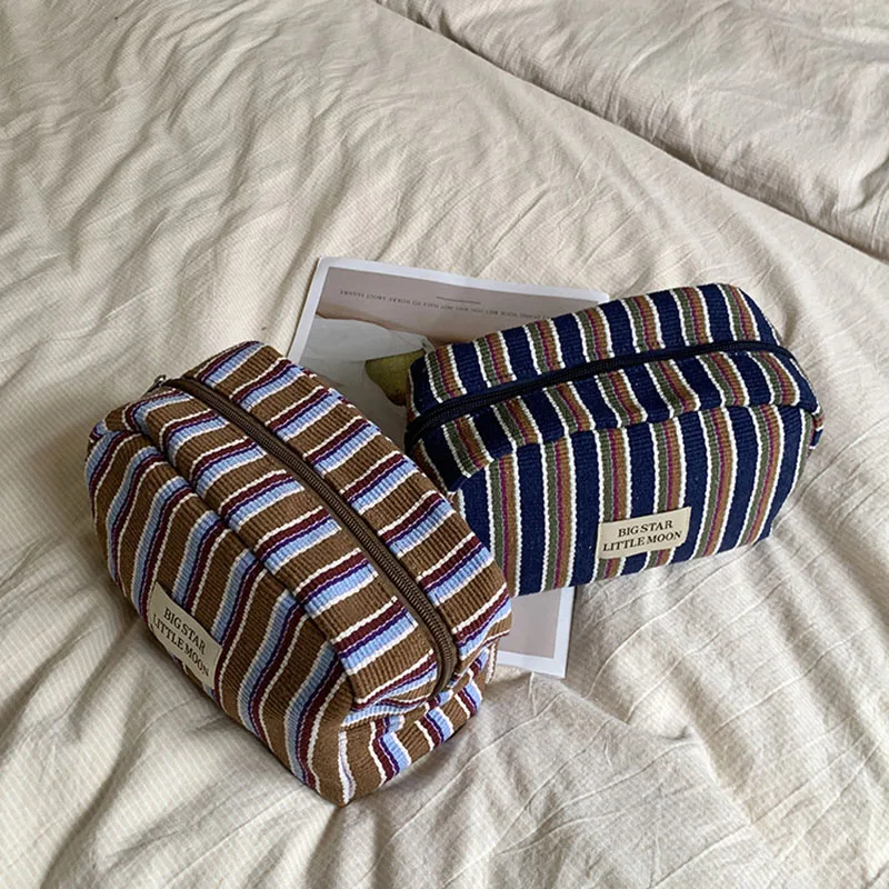 Retro Colorful Vertical Stripe Cosmetic Bag Large Capacity Zipper Makeup Pouch Portable Travel Sundries Storage Organizer case