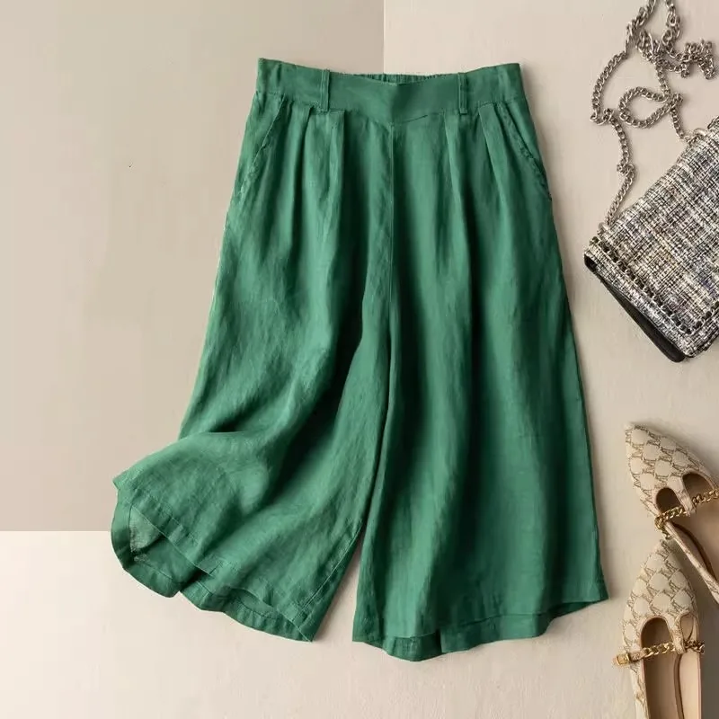 

Summer Thin 2023 New Women's Clothing Crop Cotton Hemp Leg Wide Dropping Feeling Half Elastic High Waist Art Casual Pants