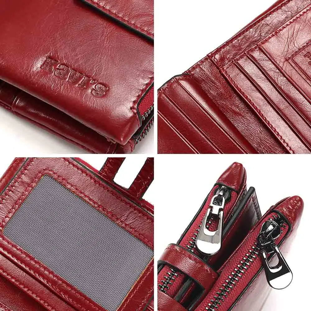 KAVIS portfele damskie RFID prawdziwej skóry Bifold etui na wiele kart zamek błyskawiczny mała kieszonka na monety moda czerwona damska portmonetka — zdjęcie 6