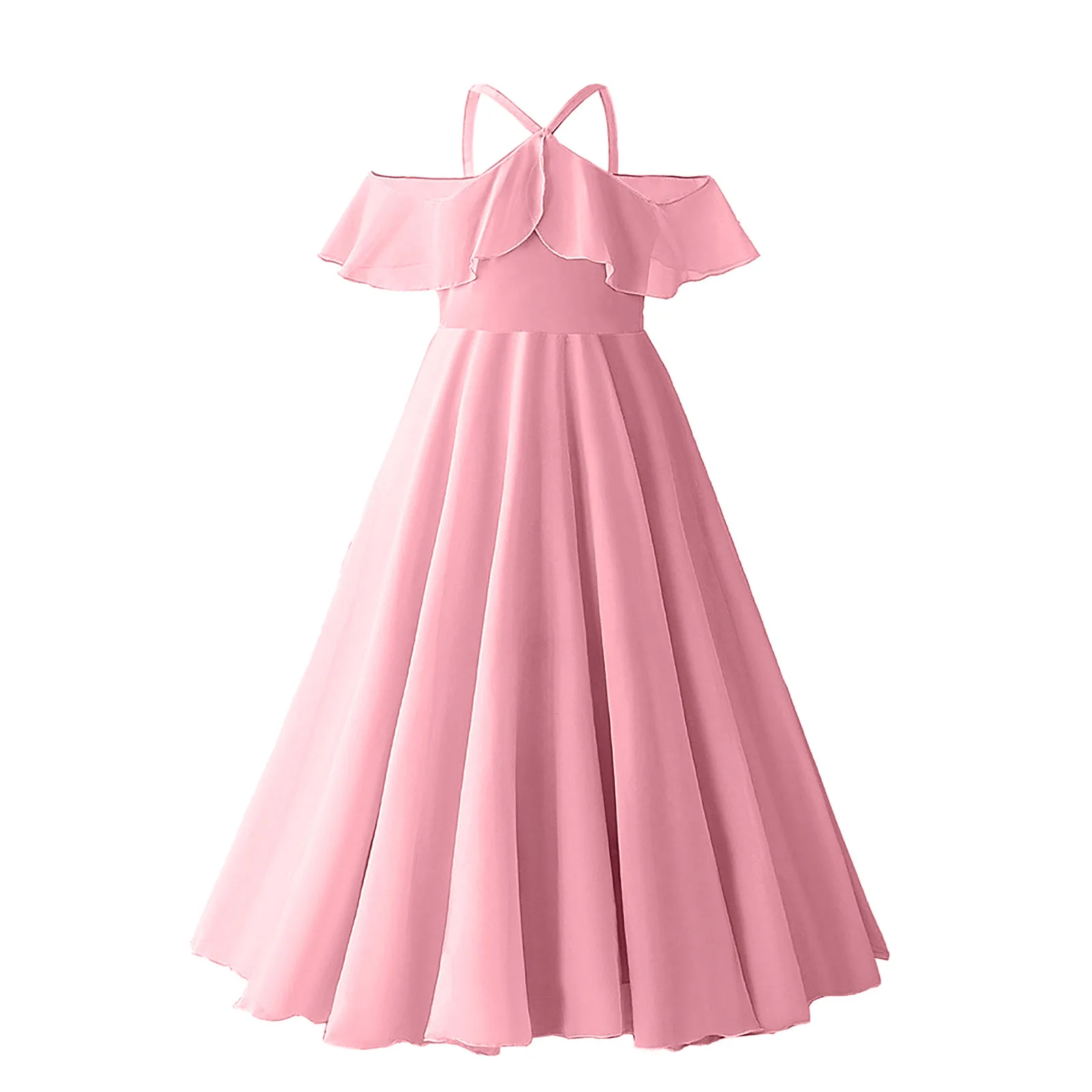 فستان بناتي مكشوف الكتفين وأكمام مكشكشة على شكل حرف a من الشيفون فستان أنيق للحفلات الراقصة الصيفية فستان التخرج 2025