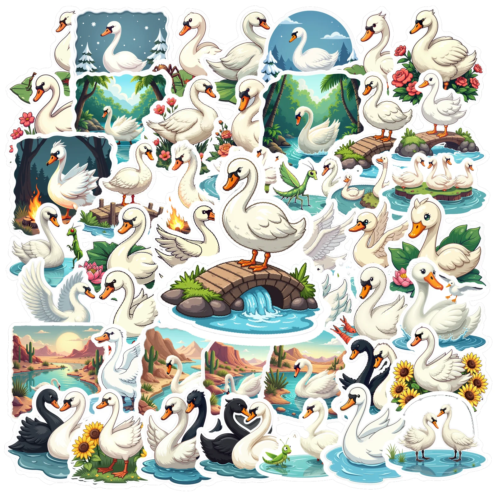 Colorful   Set   Bright   Mini   50pcs   Sticker   Whimsical   Swan   for Scrapbook