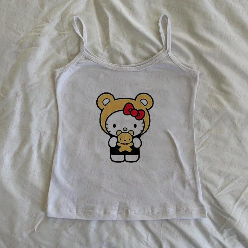 Sanrio Hello Kitty New Sweet Suspender Women Cute Slim Tank Top Y2k Tees Summer Clothes Spicy Girl Cartoon Print Fashion Vest