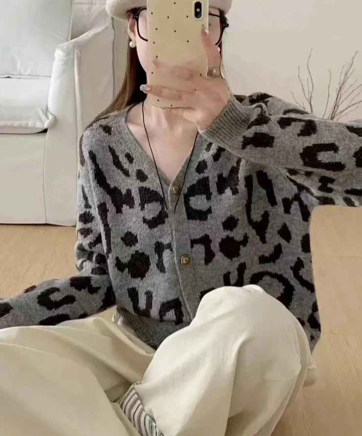 V-ausschnitt Strickjacke Jacken Leopard Print Alle Spiel Sueter Mujer Koreanische Pull Femme Mode Gestrickte Lose Pullover