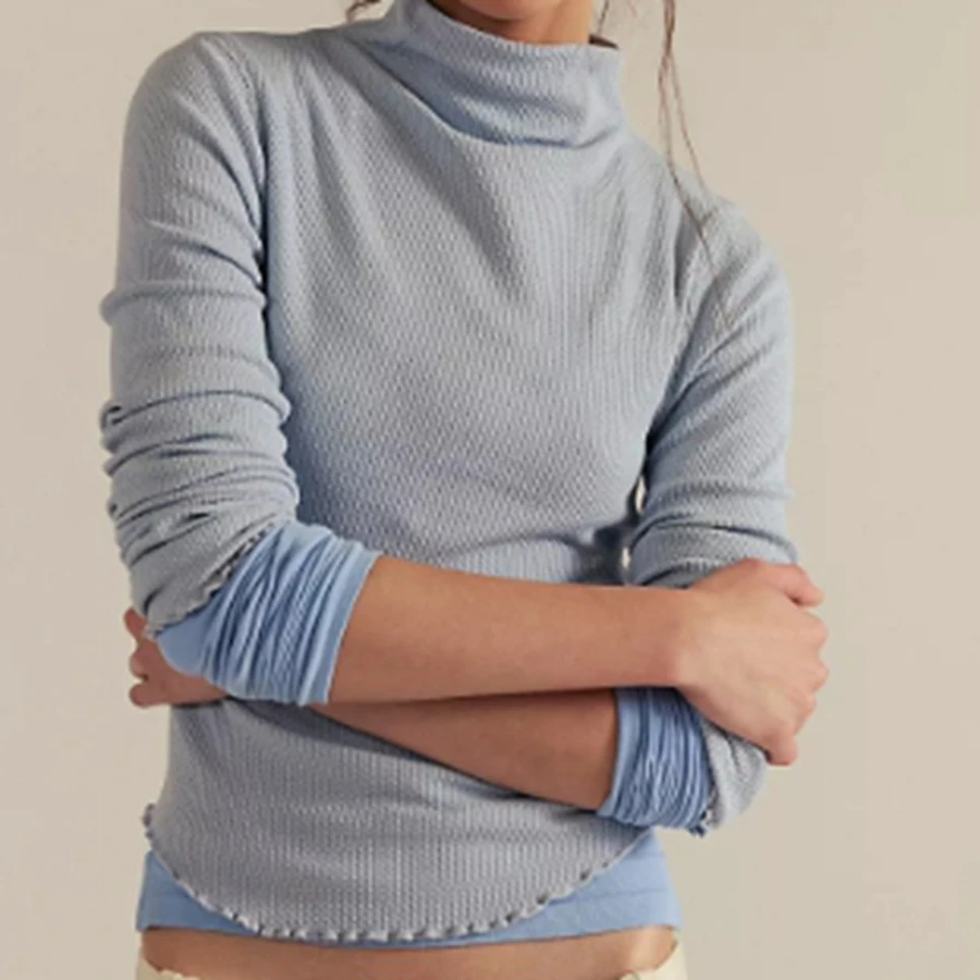 قمصان نسائية فاخرة ذات ياقة مدورة وأكمام طويلة بقصة ضيقة وقمصان خريفية مضلعة صلبة للمكتب اليومي #4