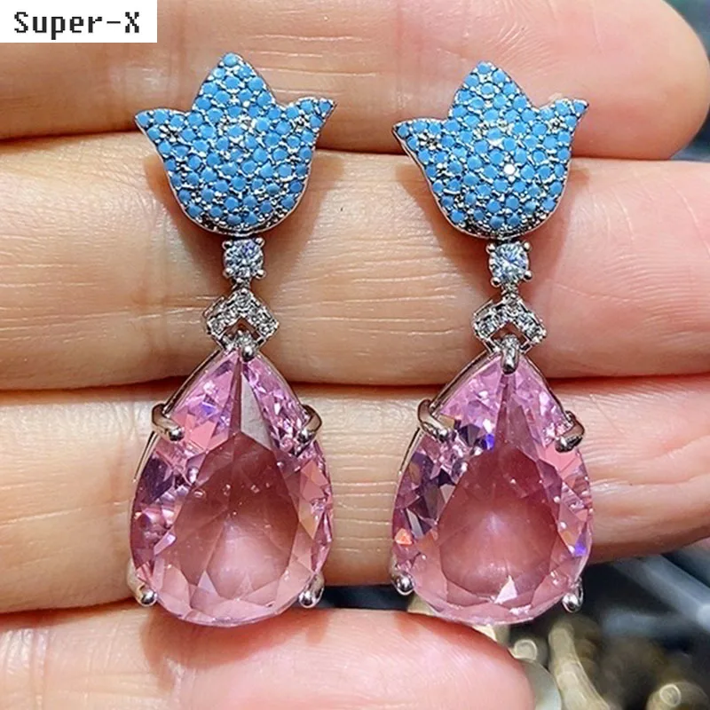 

zircon flower earrings cute jewelry pink green white water drop dangling earrings for women