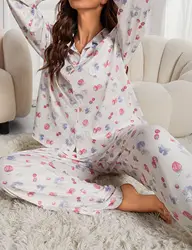 Women's long sleeved button down shirt with floral fruit print and wide legs Pants and pajamas