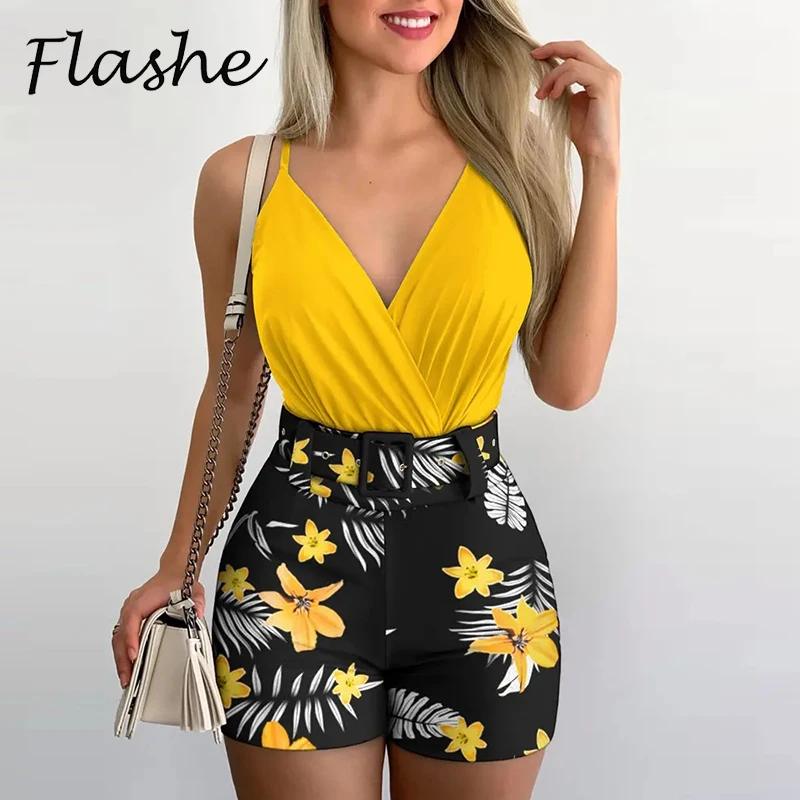 

Summer Floral Print Vest Tops High Waist Mini Shorts Set Women Fashion Sexy Two Piece Set Women Casual Party Outfits 2022