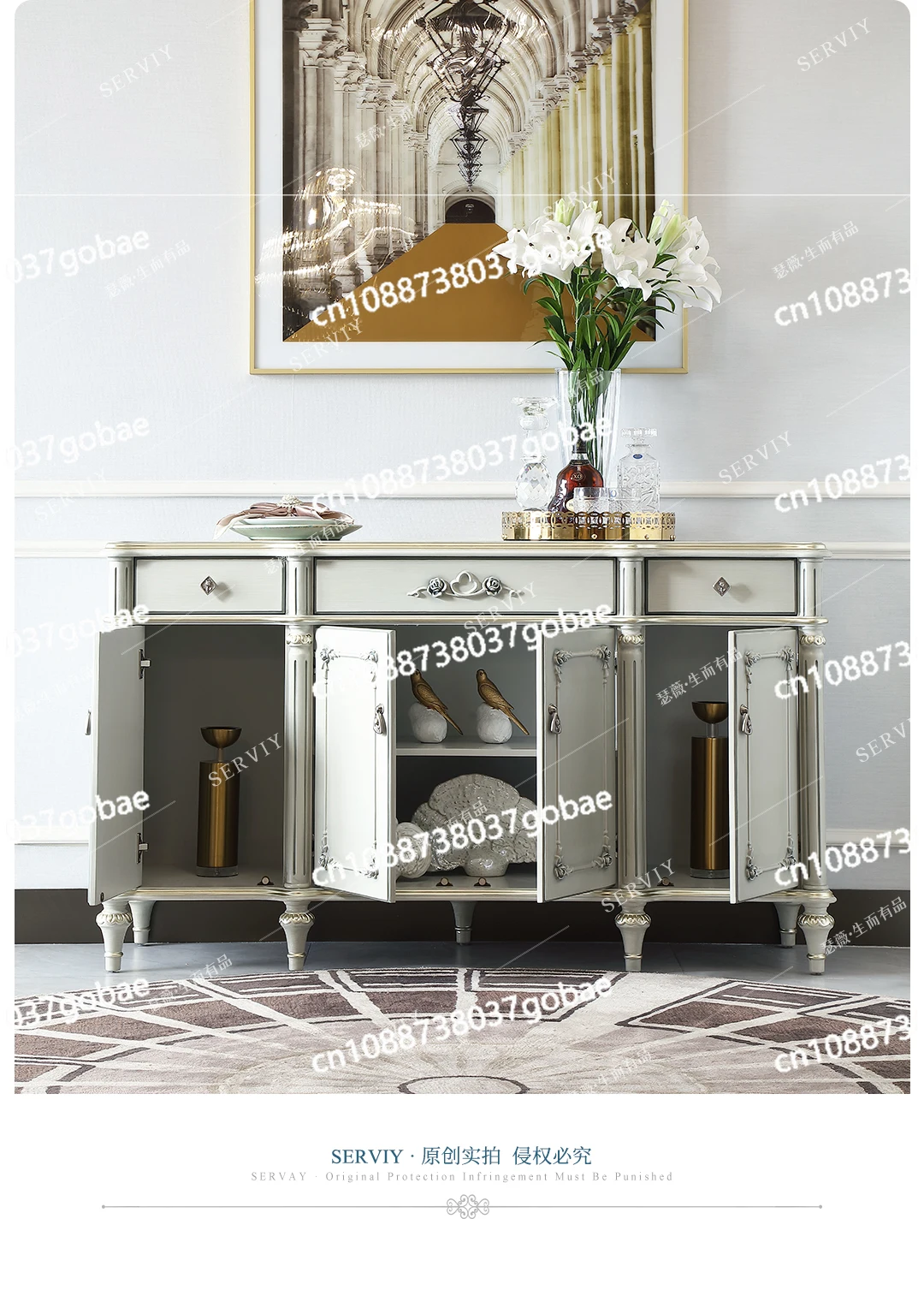 light luxury solid wood carving flower dining side cabinet retro villa wall locker