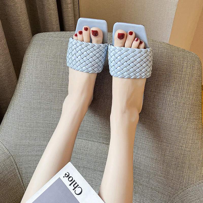 2022 New Fashion Slipper Square Toe Flat Slippers Weave Beach Sandals Women\'s Casual Flip Flops Woman Shoes Female Slides