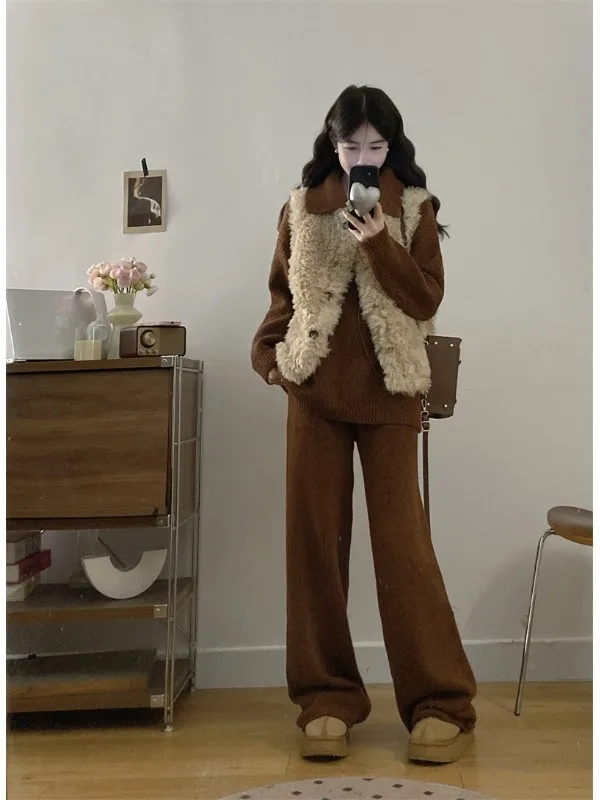 

plus Size Lazy Style Knitted Set Autumn Winter New Casual Lamb Fur Vest Long Sleeve Knitted Top Pants Fashionable Three-Piece...