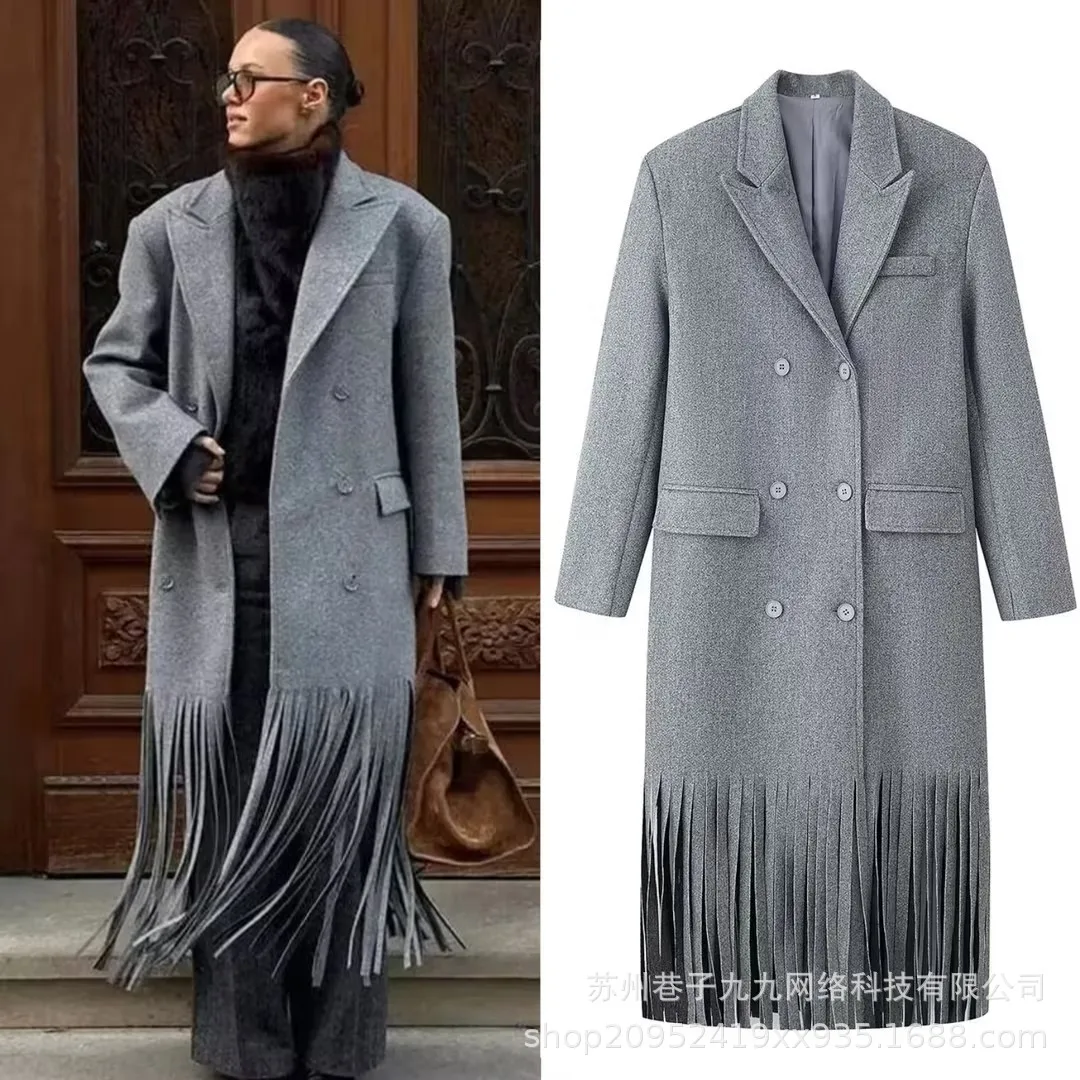 معطف صوفي نسائي شرابات معطف بدوره إلى أسفل طوق مزدوج ومفرد الصدر جيب سترة سيدة خريف شتاء ملابس خارجية أنيقة #4