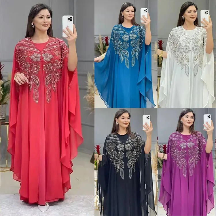 Sukienki afrykańskie dla kobiety 2023 szyfonowy Boubou Ankara Dashiki 2 sztuki zestaw strój dubajski Kaftan Abaya szata marokaina Femme Plus rozmiar