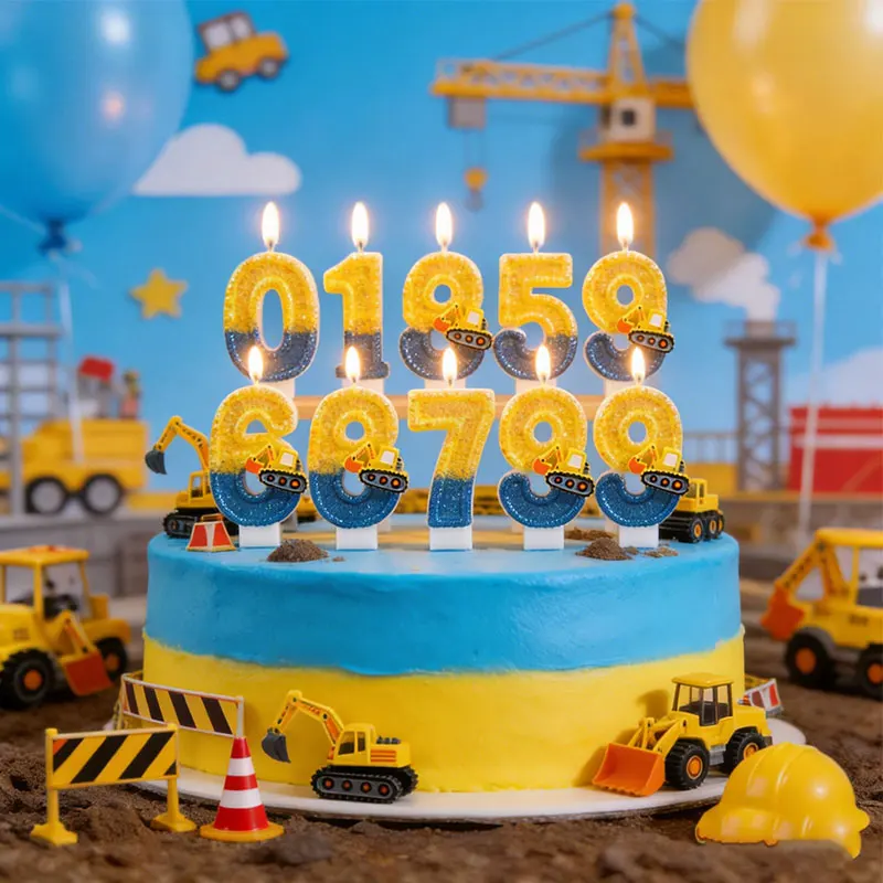 Construction Excavator Number Birthday Candle 0‑9 Yellow Blue Digital Cake Topper 3D Digger Theme Party Cake Decoration Supplies