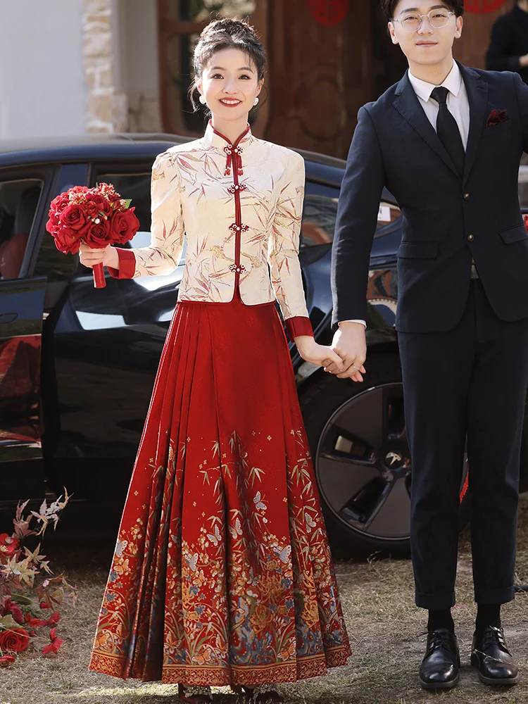 

Красное свадебное платье-ципао для помолвки, вечернее платье с длинными рукавами, винтажное, в пол, для свадебного торжества