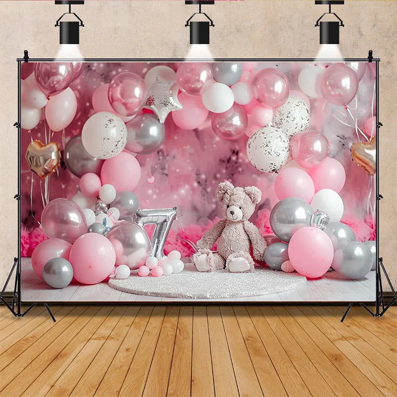 

Happy Birthday Photography Background Number Pink Bear doll Hydrogen balloon Floral Baby Party Backdrops SR-74