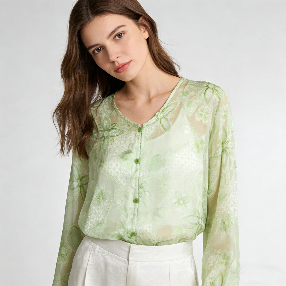 Refreshing Print 85% Natural Mulberry Silk Cut Silk Semi Transparent V-neck Long Sleeved Women's Sun Protection Cardigan