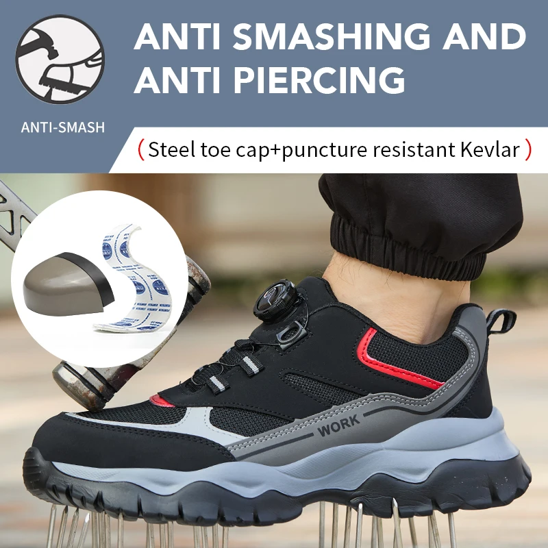 Indestructible Shoes Men's Rotary Button Safety Boots Steel Toe Anti-smash Work Shoes Lightweight Breathable Casual Sneakers