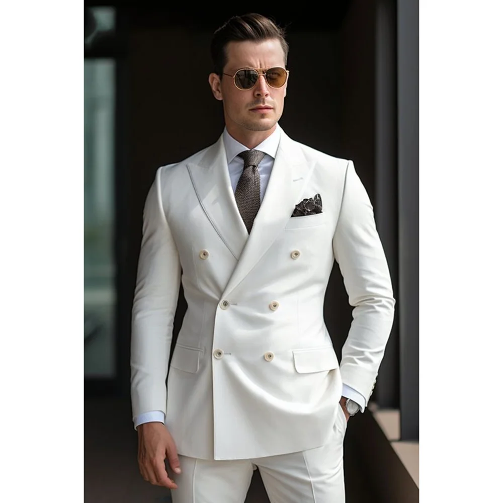 

White Men Suits 2 Piece Fashion Groom Wedding Party Tuxedo Formal Slim Chic Peak Lapel Double Breasted Solid Men Clothing