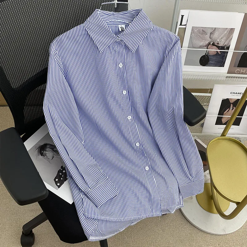 Blue Striped Blouse For Women Spring Autumn Casual Long-sleeved Shirt Elegant Ladies Clothes Korean Fashion Female Loose Top