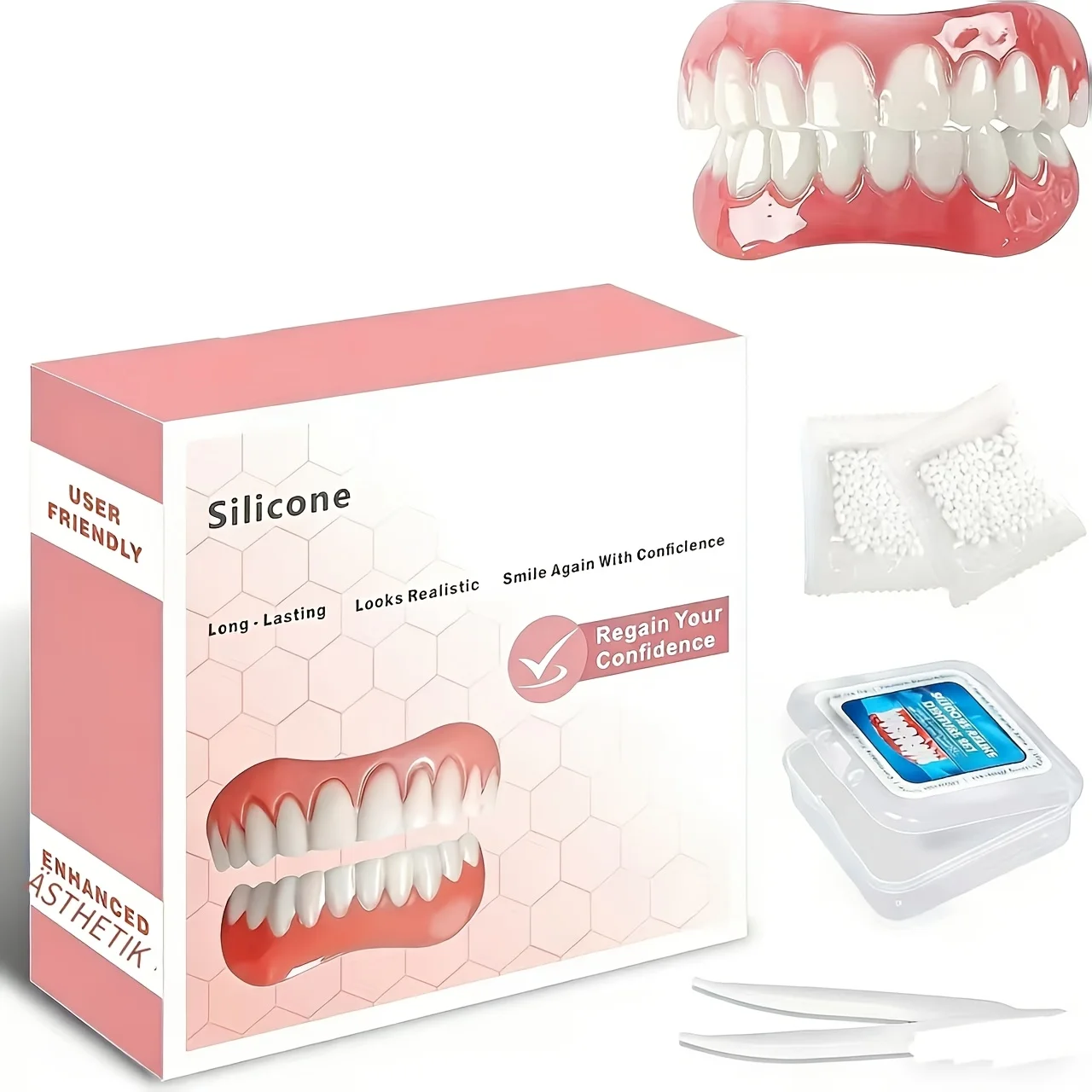 Heavy-duty 9-in-1 Convertible Tool Adjustable Upper and Lower Teeth Set with Realistic Tooth Patches, Comfortable H2931