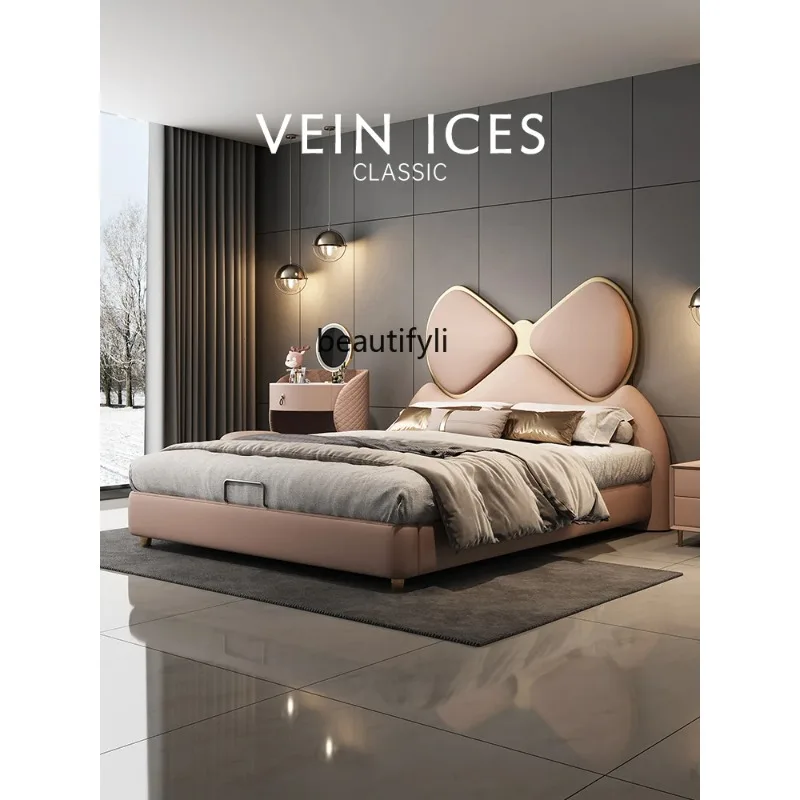 

D2520 High-end Modern Light Luxury Bow Pink Solid Wood Leather Bed Girl Bedroom Princess Luxury Bed