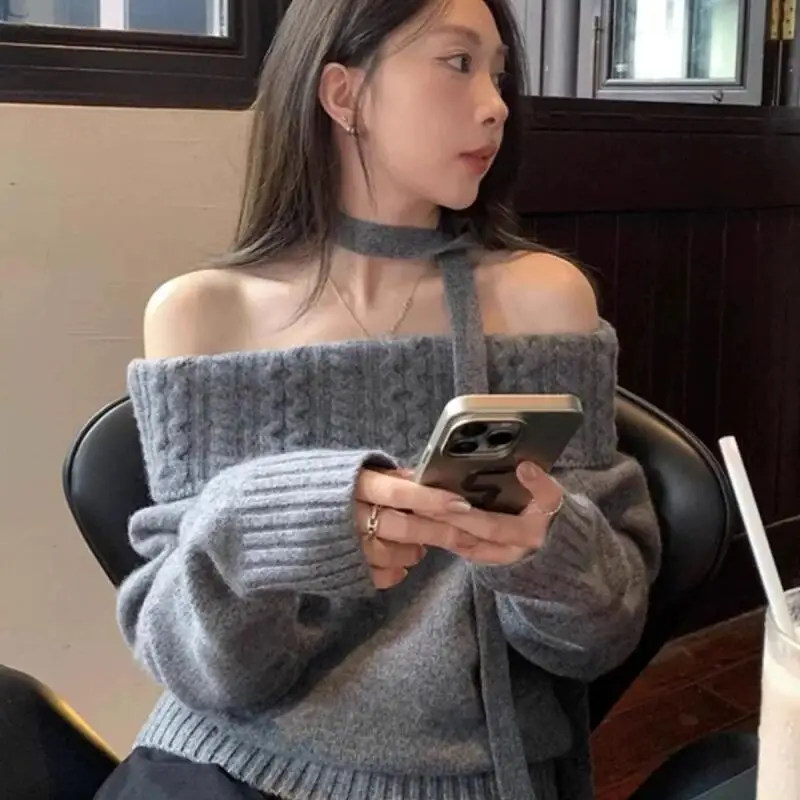 

Women's Clothing Grey Sweater Off-The-Shoulder Hanging Neck Sweater Autumn and Winter New Loose Knitwear Tops Long Sleeves