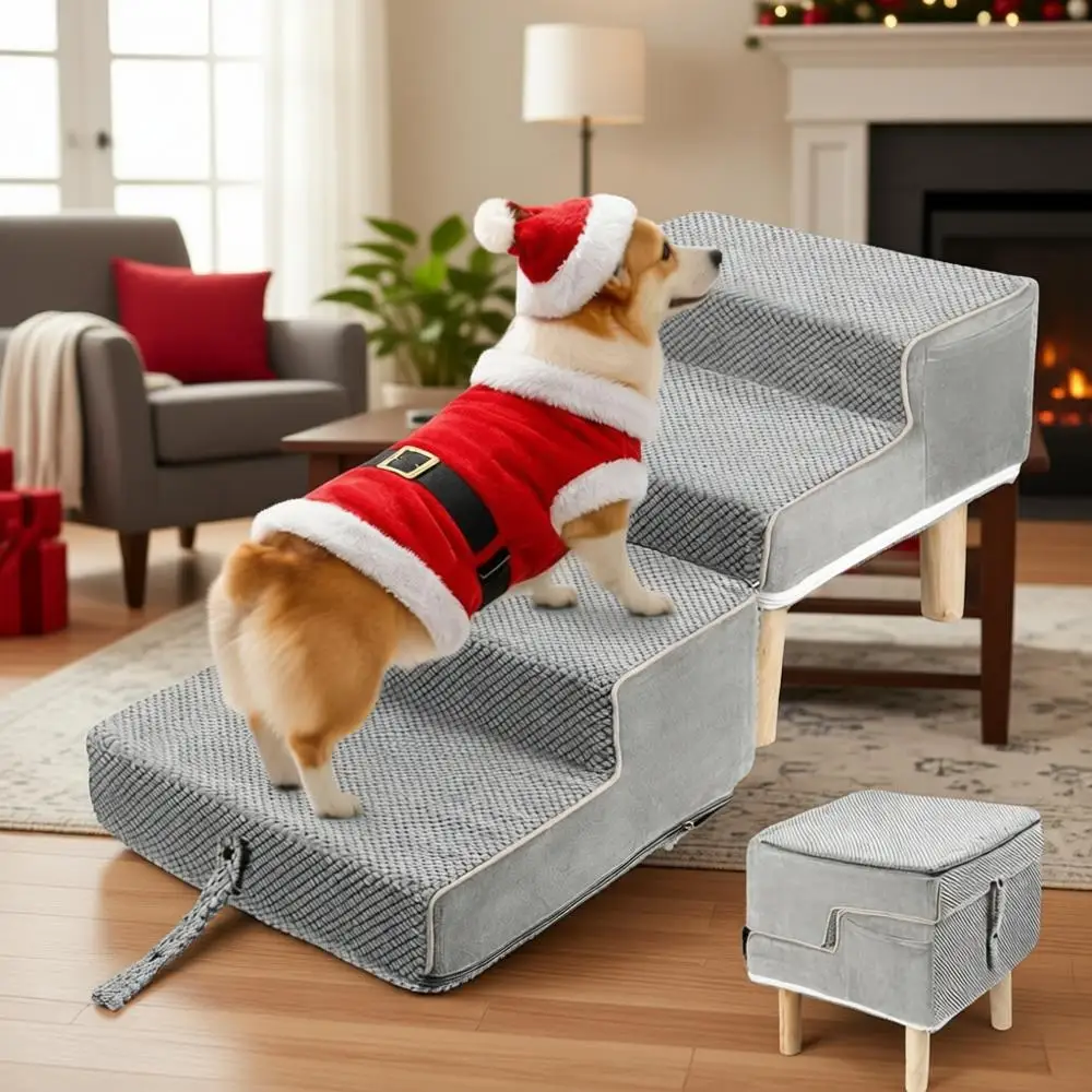 

2-in-1 Wooden Dog Stairs for Couch and Beds, Suitable for Small to Medium Dogs and Senior Pets, Washable Cover, Storage Compartm