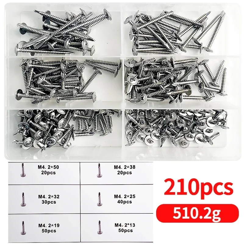 

210pcs/Box 410 Stainless Steel Phillips Round Head Self-drilling M4.2 Cross Drill Tail Screw Self-tapping Dovetail Screws Kit