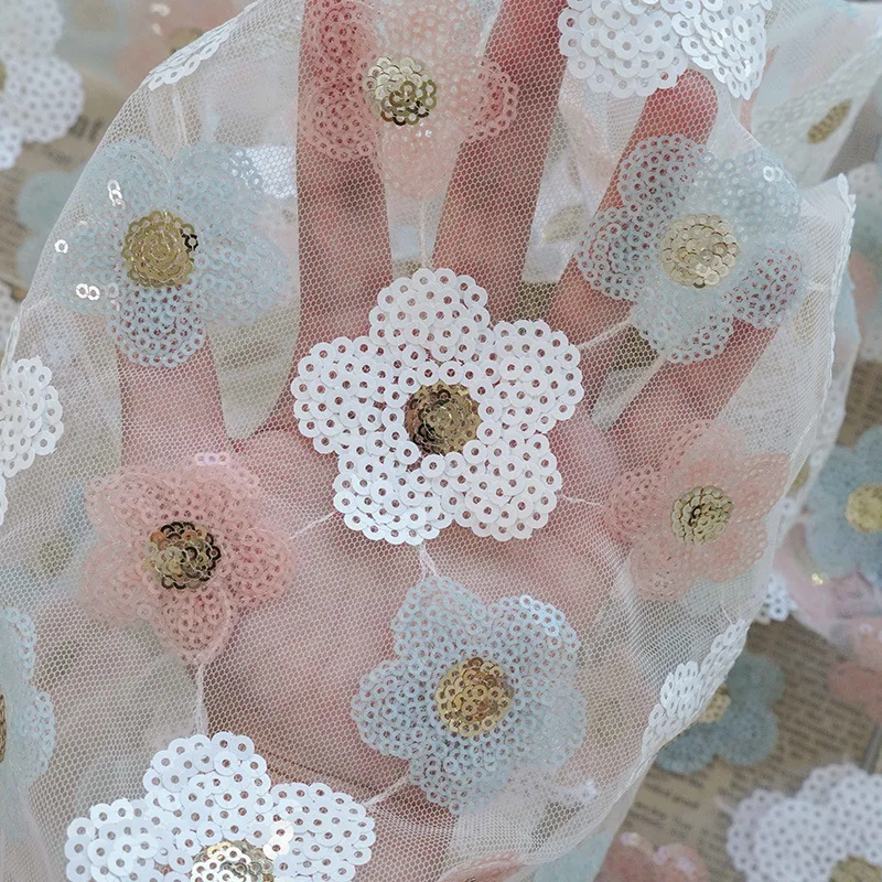 Mesh Sequin Flower Embroidered Lace Fabric Spring Summer Slightly Transparent Dress Children's Clothing Box Decor Fabric