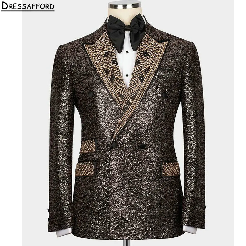 Glitter Crystal Beading Men Suits For Wedding Groom Tuxedos 2 Pieces Jacket Pants Prom Blazers Customized