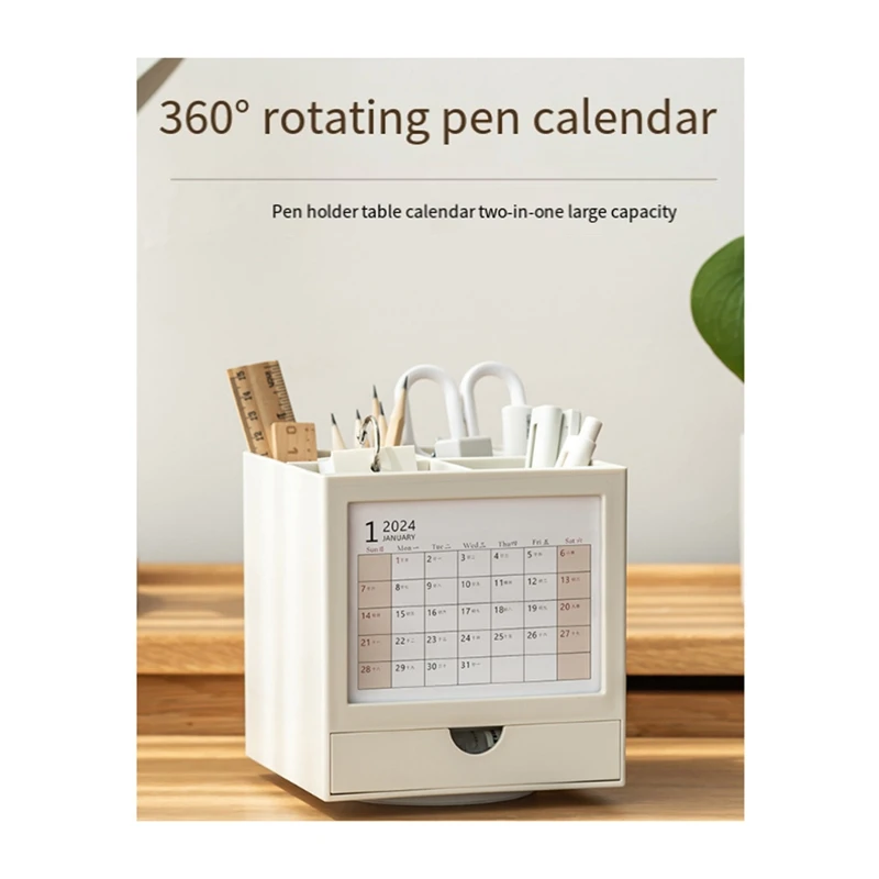 Potlood Bureau Organizer Kalender 2024 Bureaukalender, 360 °   Roterende potloodhouder en make-upborstel Penhouder voor duurzaam op kantoor