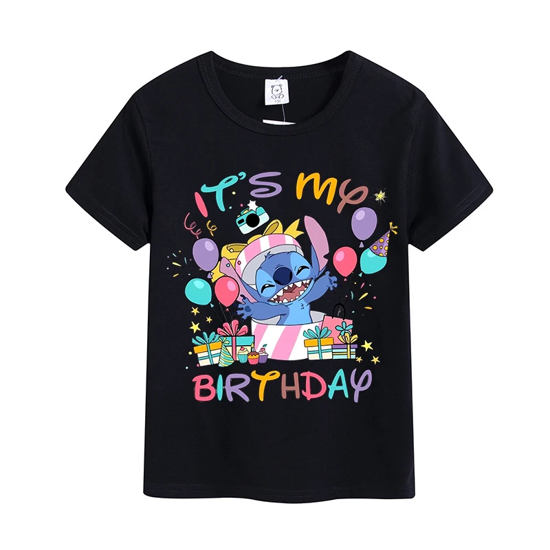 Steek Disney Kinderen Verjaardag T-Shirts Kawaii Disney Cartoon Print Kids Tops Jongen Meisje Korte Mouwen 2024 Baby Zomerkleding