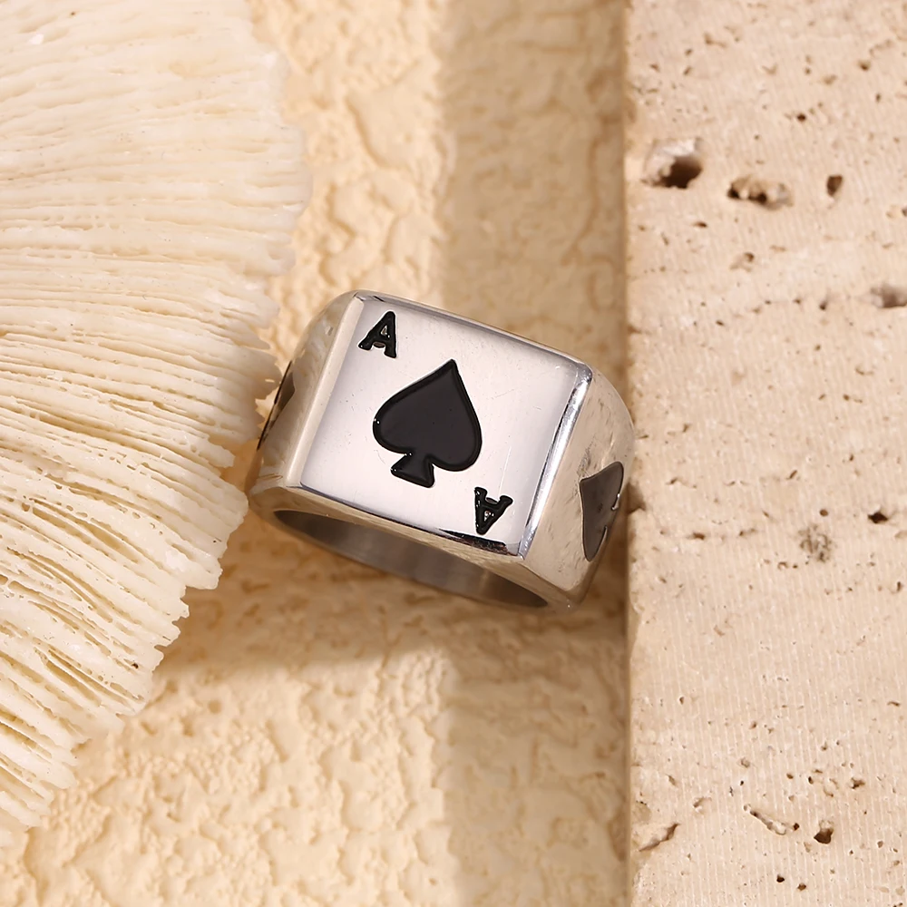 E.B.belle Card Spades A Pattern Ring Vintage Style Square Shape Men Jewelry Waterproof Hypoallergenic Stainless Steel 18K Plated image 5