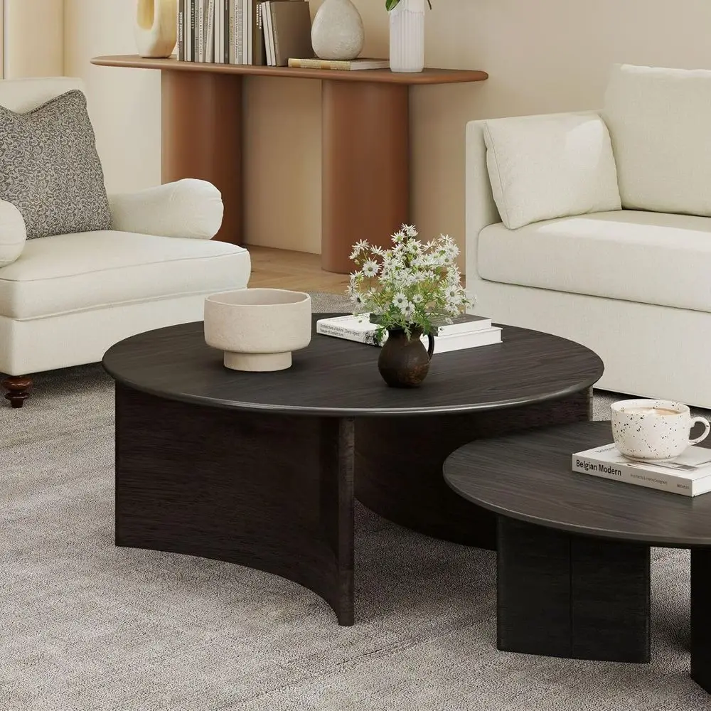 

31.5 Round Black Coffee Table with Curved Base, Solid Wood, Perfect for Living Rooms and Compact Spaces